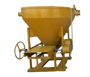 Round bottom discharge bucket with chain block