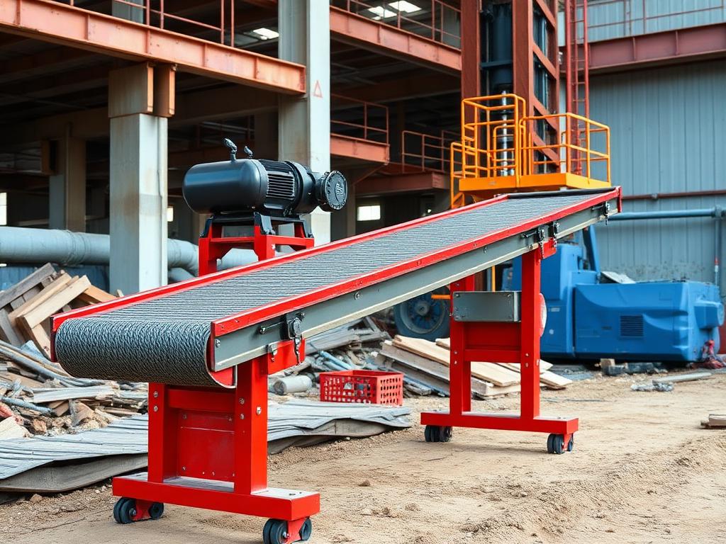 Red steel builder's belt conveyor with adjustable legs on an industrial site — placeholder image, replace with Amescon product photo