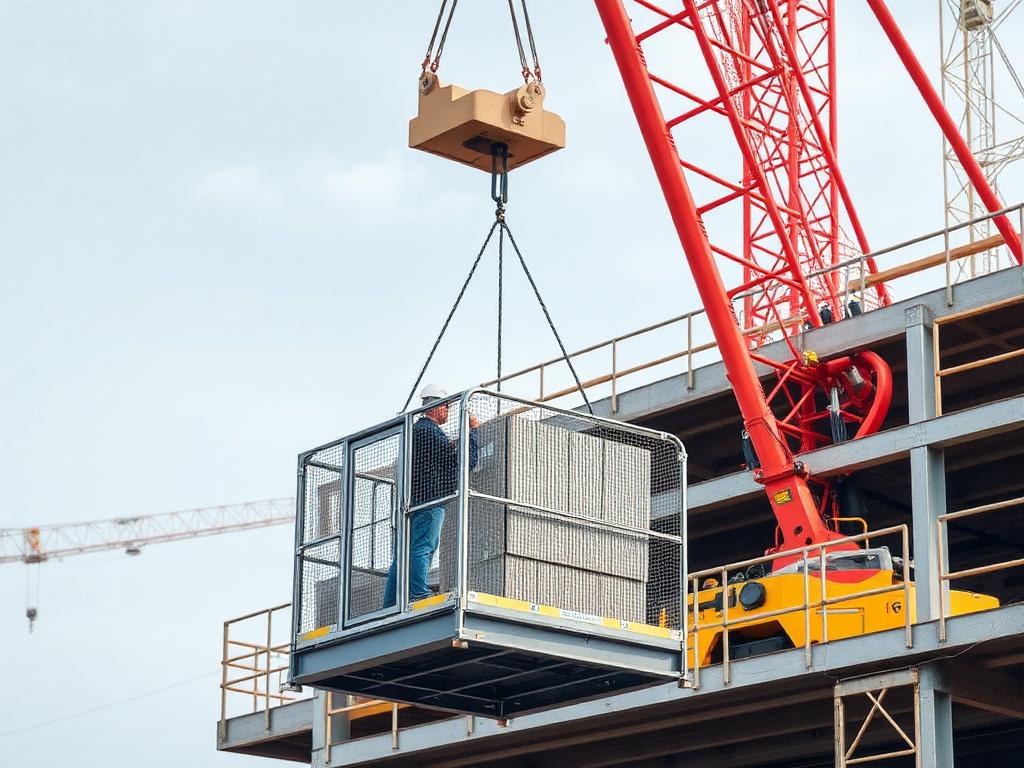 Steel man and goods lifting cage suspended from a crane on an industrial site — placeholder image, replace with Amescon product photo