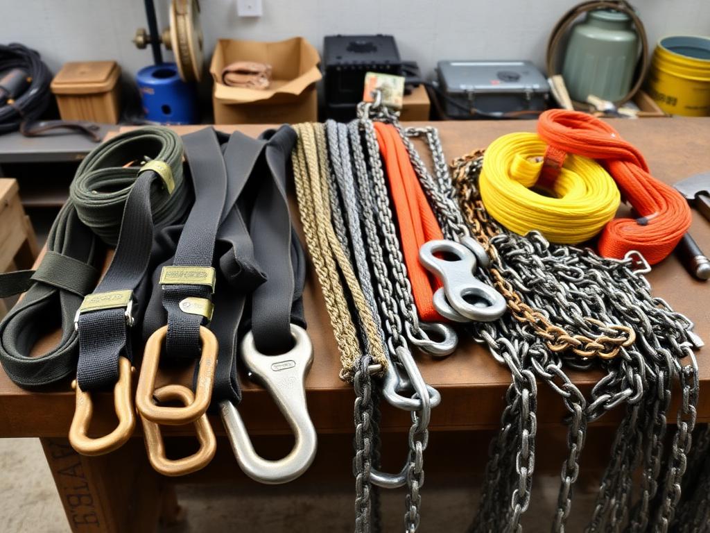 Webbing slings, wire rope slings, shackles and chain slings on a workshop bench — placeholder image, replace with Amescon product photo