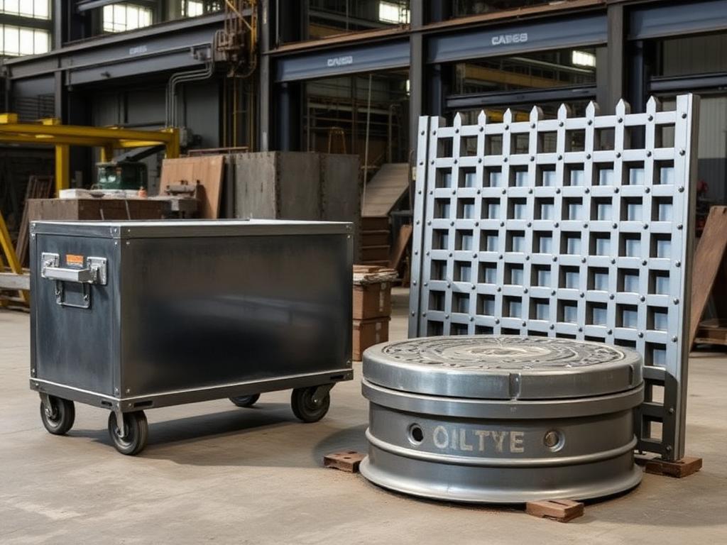 Steel toolbox on wheels, manhole cover frames and steel gates in a fabrication yard — placeholder image, replace with Amescon product photo