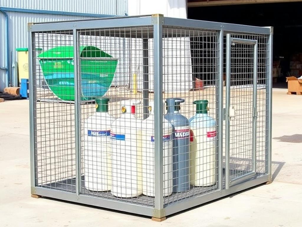 Steel gas cylinder safety cage with mesh sides and roof holding gas bottles — placeholder image, replace with Amescon product photo