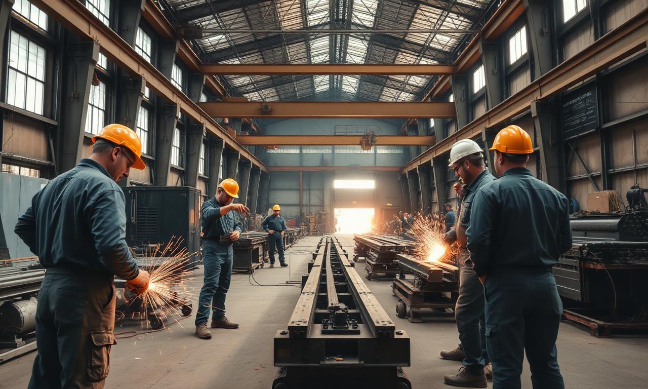 Amescon fabrication team working on steel structures in the workshop — placeholder image, replace with real workshop photo